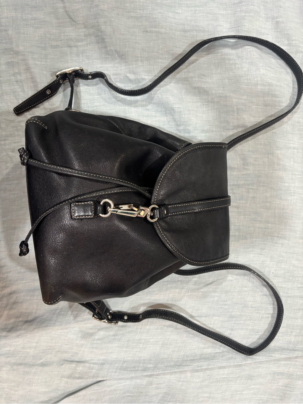 Coach Black Leather Drawstring Bucket Backpack with Silver Hardware
